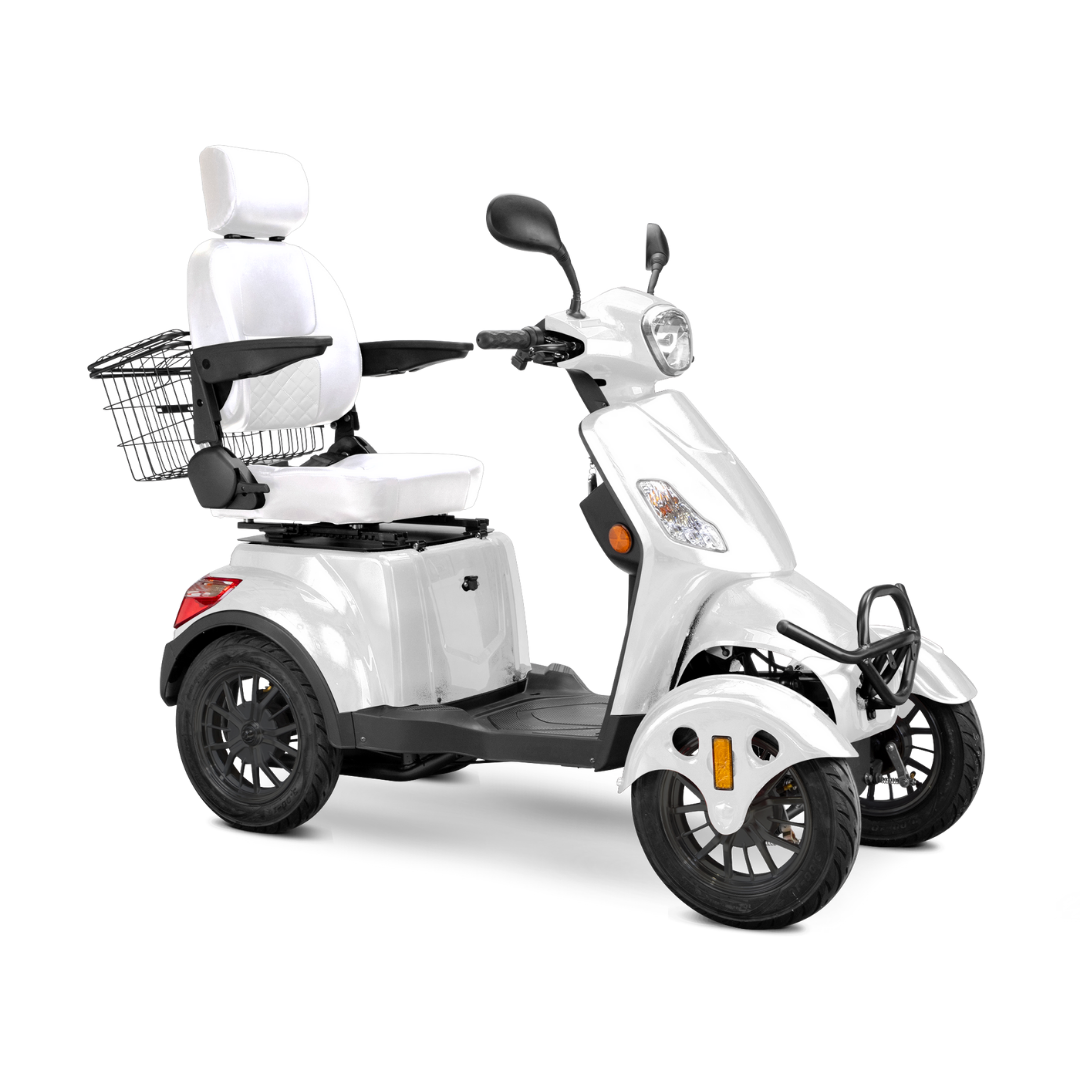 The Bespoke Prestige Recreational 4-Wheel Scooter features a white body with black accents, padded adjustable seat with armrests and headrest, rear metal basket, handlebar controls, and a powerful 600-watt motor for smooth mobility.